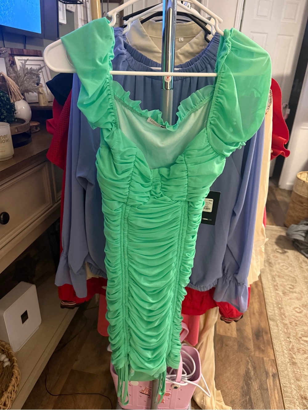 Fashion Nova Sweet Feel Mesh Mini Dress Green Ruched Bodycon Size Large NWT